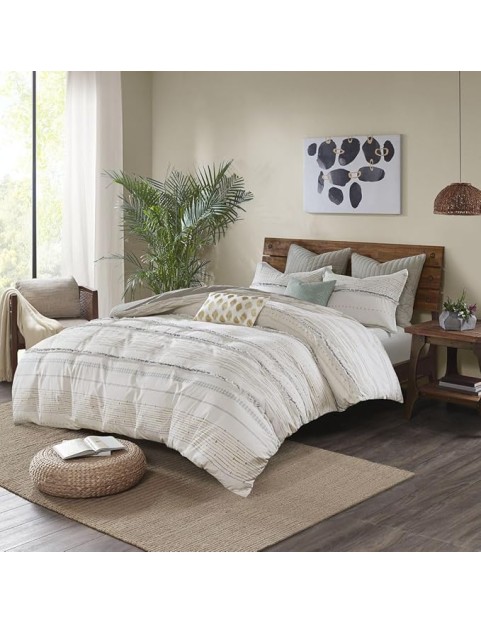 Cotton Printed Duvet Cover Set with Trims, Modern Boho Design with Tassels, Includes Duvet Cover and Matching Shams
