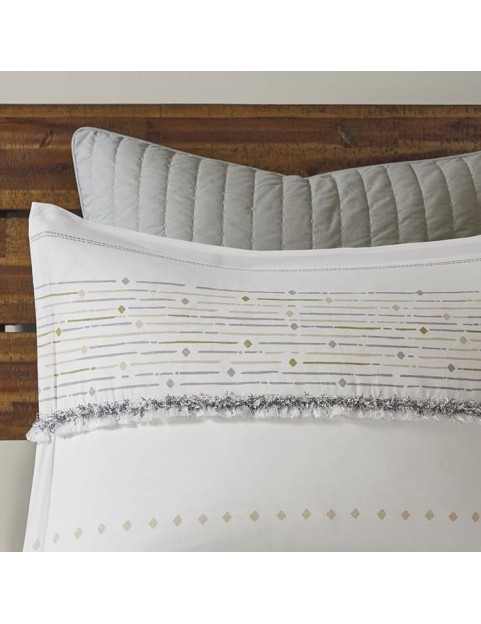 Stylish Cotton Printed Duvet Cover Set with Tassels and Stripes, Full/Queen Size, Modern Boho Design